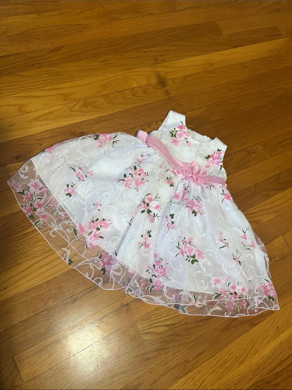 White & Pink Floral baby Dress with Ribbon Waist